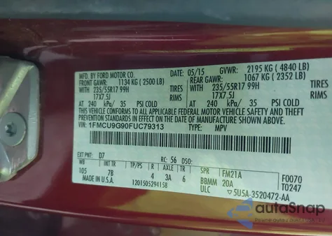 2015 Ford Escape Se from USA, damaged, VIN 1FMCU9G90FUC79313